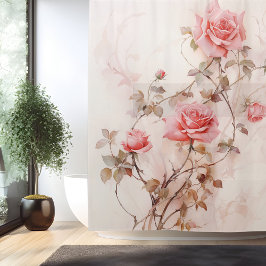 Cortina Para Box Elegância de Vinha de Rosa em Aquarela