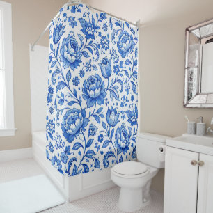 Cortina Para Box Elegância Floral Azul e Branco