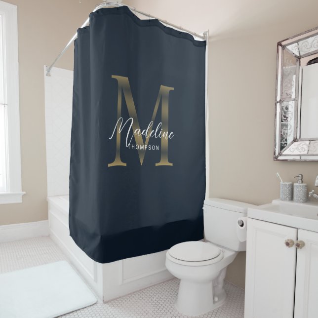Cortina Para Box Elegant Script Metallic Navy Blue Gold Monogram (In Situ)