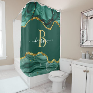 Cortina Para Box Elegante Ágata Verde Esmeralda Monograma Nome Dour