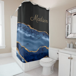 Cortina Para Box Elegante Azul Marinho Dourado Brilho Mármore Ágata