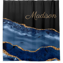 Cortina Para Box Elegante Azul Marinho Dourado Brilho Mármore Ágata