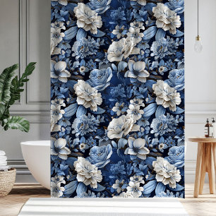 Cortina Para Box Elegante Banheiro Floral Azul Marfim Branco
