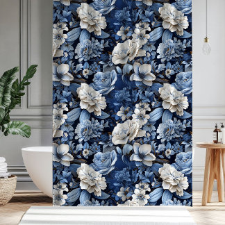 Cortina Para Box Elegante Banheiro Floral Azul Marfim Branco
