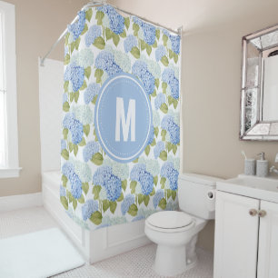 Cortina Para Box Elegante Blue Hydragea Flowers Monograma de Padrão