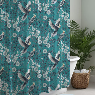 Cortina Para Box Elegante Chinoiserie Cacatua Aves Floral Azul-turq