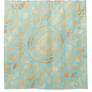 Cortina Para Box Elegante Dourado Teal Mandala Floral