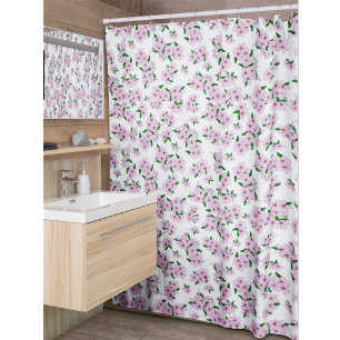 Cortina Para Box Elegante flor de cerejeira rosa em aquarela