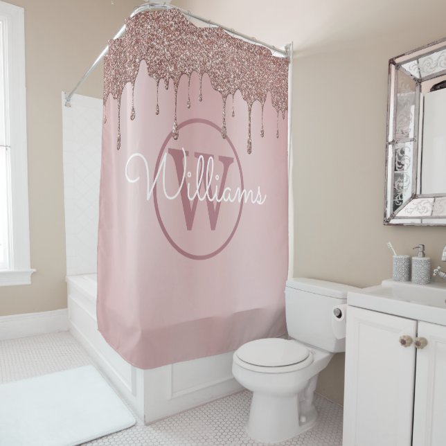 Cortina Para Box Elegante Glitter de Ouro Rosado Monograma Script (In Situ)