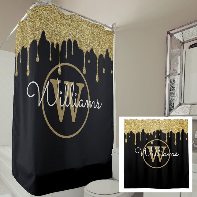 Cortina Para Box Elegante Glitter Preto Dourado Monograma Script (Elegant Black Gold Glitter Drips Monogram Script Shower Curtain)