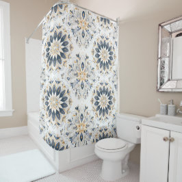 Cortina Para Box Elegante Mandala Dourado Azul Marinho