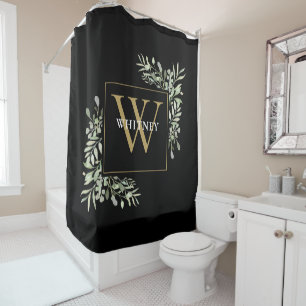 Cortina Para Box Elegante Monograma Floral Verde Dourado Preto