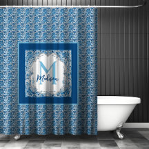 Elegante Monograma Floral Vintage Azul Água Amarel