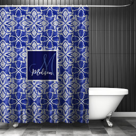 Cortina Para Box Elegante Monograma Inicial Azul Cinza Geométrico