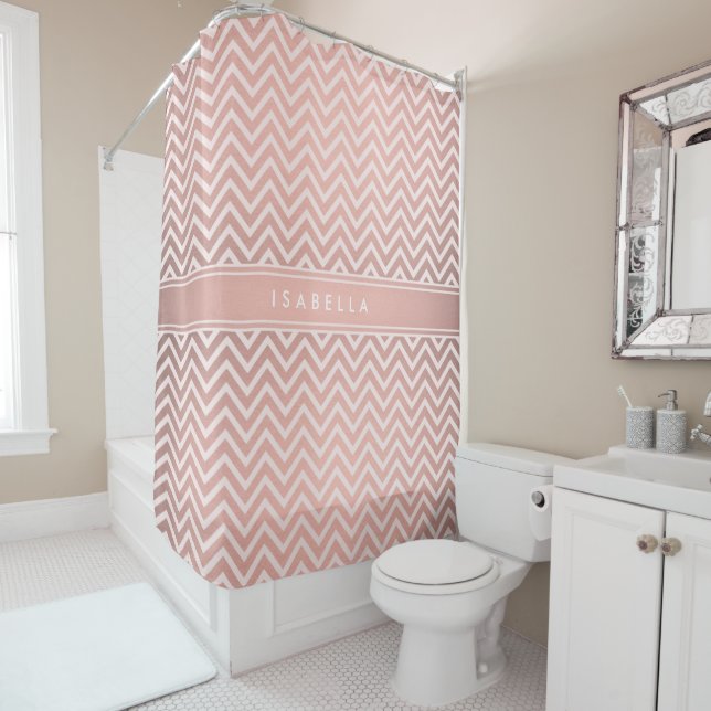 Cortina Para Box Elegante Pink Chevron Pattern Girly Faux Rosa Dour (In Situ)