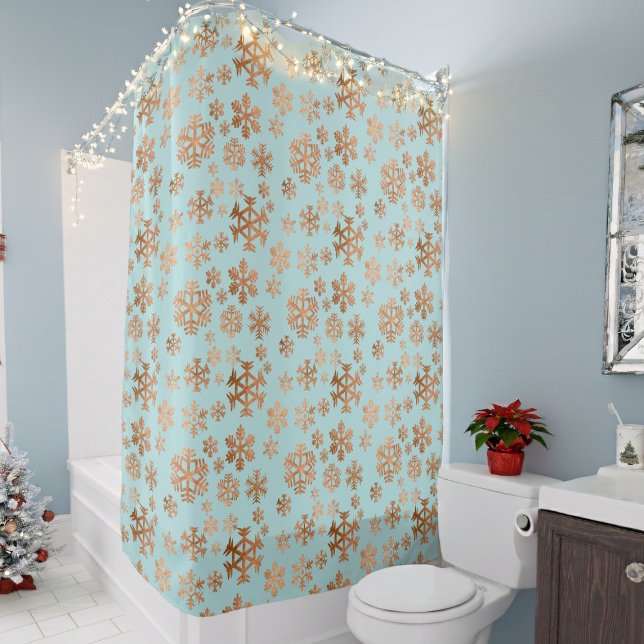 Cortina Para Box Elegante Robin Egg Blue Festivo Flocos de neve (Elegant copper snowflake on a robin egg blue shower curtain )