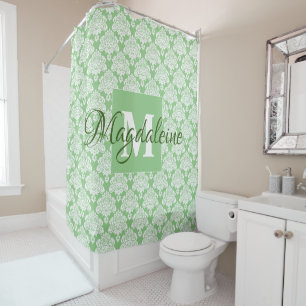 Cortina Para Box Elegante Sage Green Damask Monograma e Nome