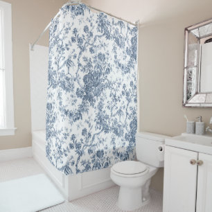 Cortina Para Box Elegante Vintage Francês Gravado Floral Toile-Blu