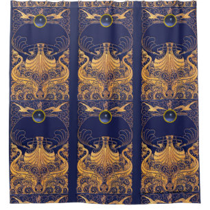 Cortina Para Box Embarcação Antiga,Golfinhos,Dourado,Azul Marinho N