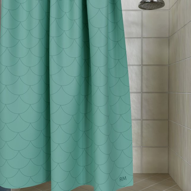 Cortina Para Box Escalas de Sereia Verde do Mar Aquamarino (A green mermaid scale pattern shower curtain with space for your initials. Check out the collection!)