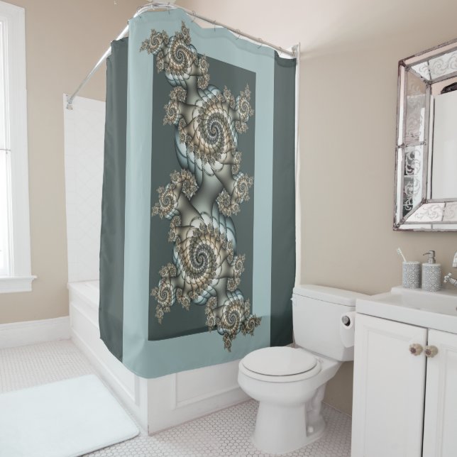 Cortina Para Box Espirais de Arte Fractal Azul-abstrato Beige (In Situ)