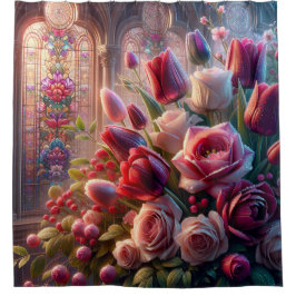 Cortina Para Box "Esplendor De Vidro Espancado: Buquê De Rosas Com 