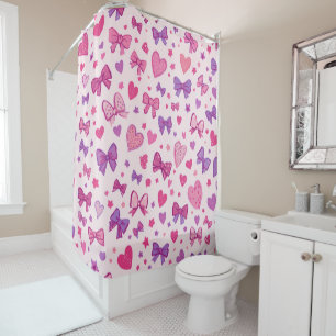 Cortina Para Box Estilo Coquete Rosa Roxo Laço & Coração Padrão