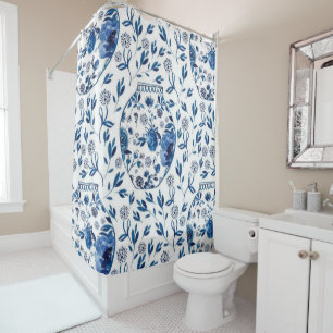 Cortina Para Box Estilo Floral de Chinoiserie Azul e Branco, pintad