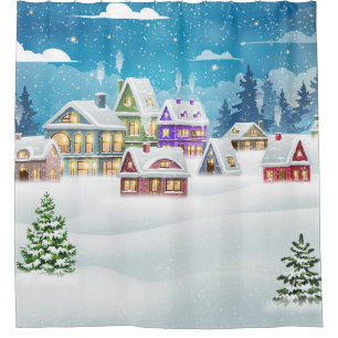 Cortina Para Box Evening winter village landscape with snow covered