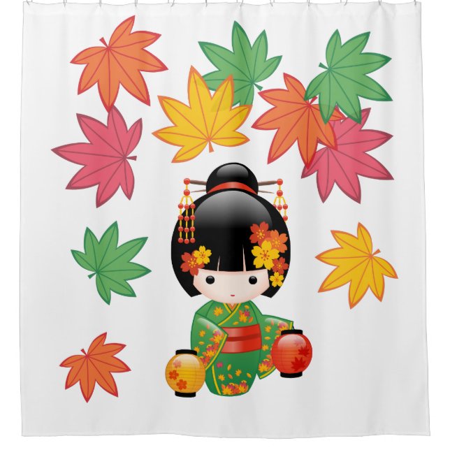 Cortina Para Box Fall Kokeshi Doll Green Kimono Geisha Girl (Frente)