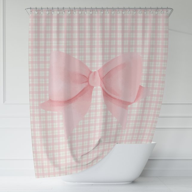 Cortina Para Box Farmhouse de Xadrez rosa simples (Simple Pink Bow Plaid Farmhouse Shower Curtain)