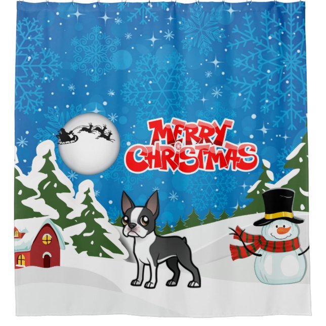 Cortina Para Box Feliz Natal Boston Terrier Com Um Neve (Frente)