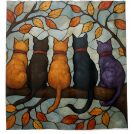 Cortina Para Box Five Cats on a Tree Branch Stained Glass Style
