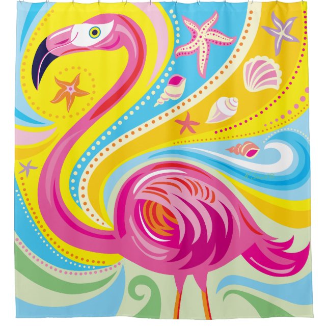 Cortina Para Box Flamingo Rosa com Estrela do Mar (Frente)