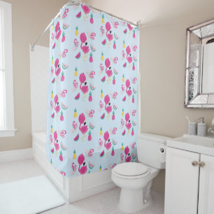 Cortina Para Box Flamingo rosa com padrão Fruta tropical em azul