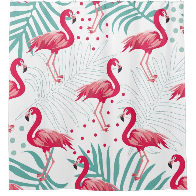 Cortina Para Box Flamingo tropical e folhas, padrão de verão. (Frente)