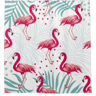 Cortina Para Box Flamingo tropical e folhas, padrão de verão.