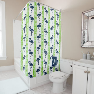 Cortina Para Box Flamingo Tropical - Limão Grego e Azul Marinho