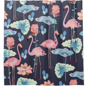 Cortina Para Box flamingos cor-de-rosa cercados por flores de lótus