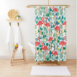 Cortina Para Box Flamingos cor-de-rosa e padrão das flores tropicai