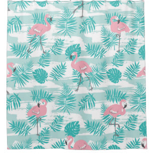 Cortina Para Box flamingos cor-de-rosa, palmeiras verdes, tropicais