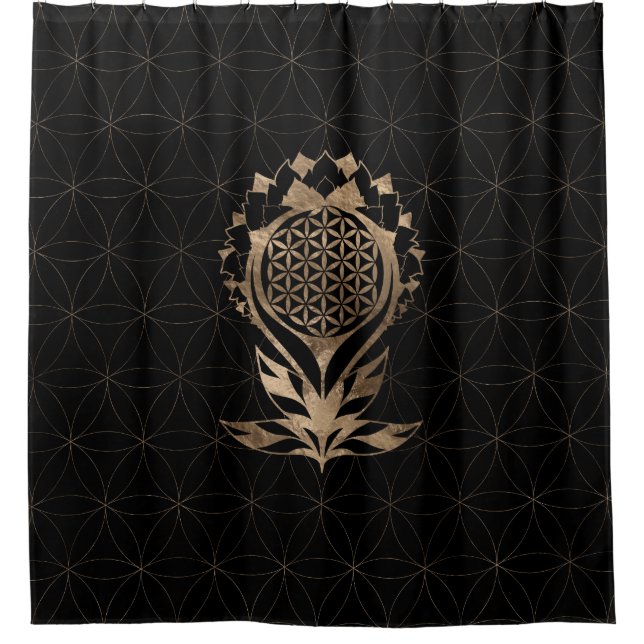 Cortina Para Box Flor da vida Lotus - Preto e Dourado (Frente)