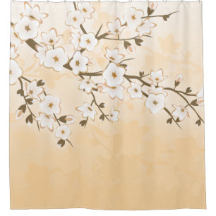 Cortina Para Box Flor de cerejeira Ásia de creme bege floral
