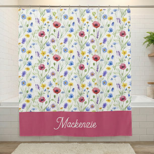 Cortina Para Box Flor Silvestre Azul Rosa Botânica Nome Personaliza