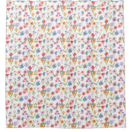 Cortina Para Box Flor Silvestre de Aquarela Azul Roxo Vermelho