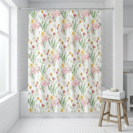 Cortina Para Box Flor Silvestre de Aquarela Rosa Verde