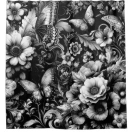 Cortina Para Box Floral Antiquado Monocromático com Borboletas