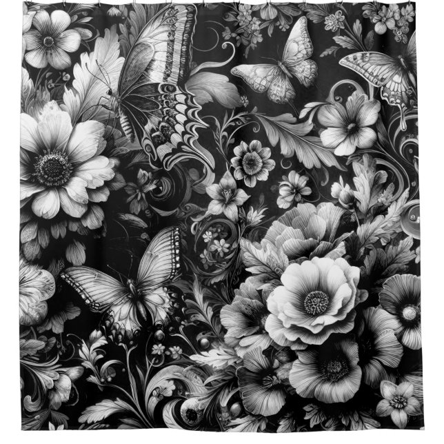 Cortina Para Box Floral Antiquado Monocromático com Borboletas (Frente)