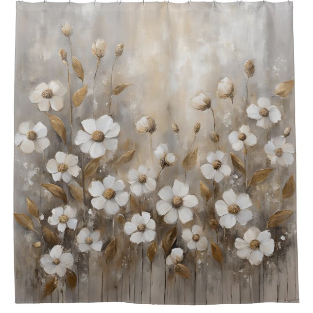 Cortina Para Box Floral Bege Dourado Cinza Neutro (Frente)