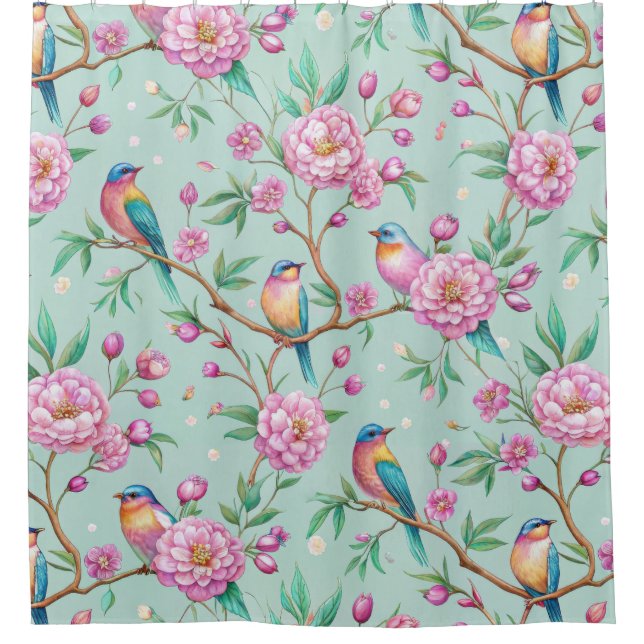 Cortina Para Box Floral Birds Pattern on Mint Background (1) (Frente)